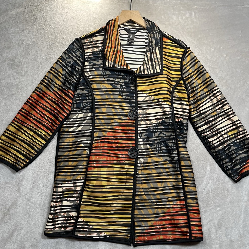 Ali Miles Top Button Up Tunic Jacket Size M Colorful Artsy 3/4 Sleeve Blouse